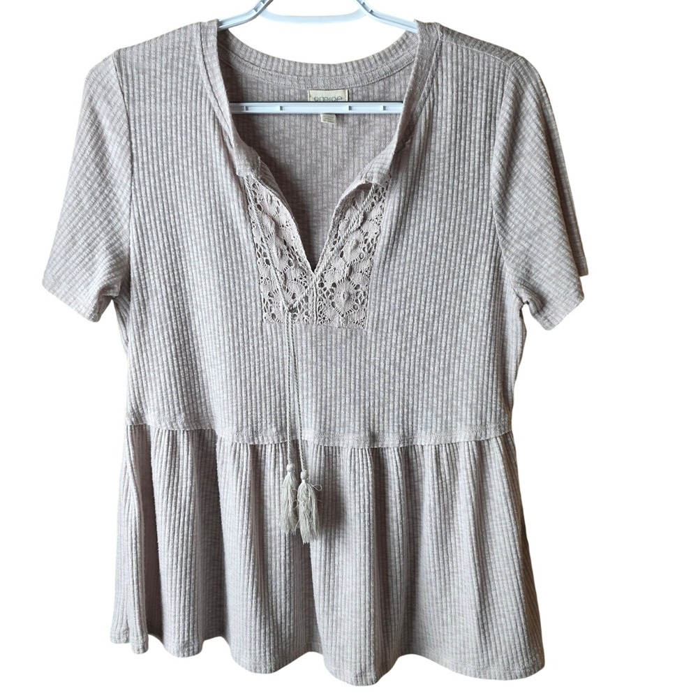 Greige Beige Ribbed Peplum Top Lace Tassel Tie Short Sleeve Women's Medium